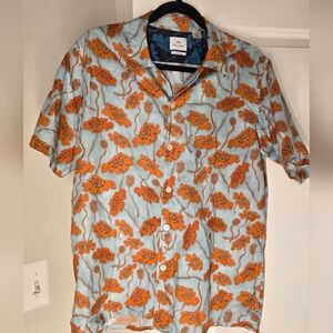 Paul Smith Men's Blue And Orange Floral Short Sleeve Button Up Shirt